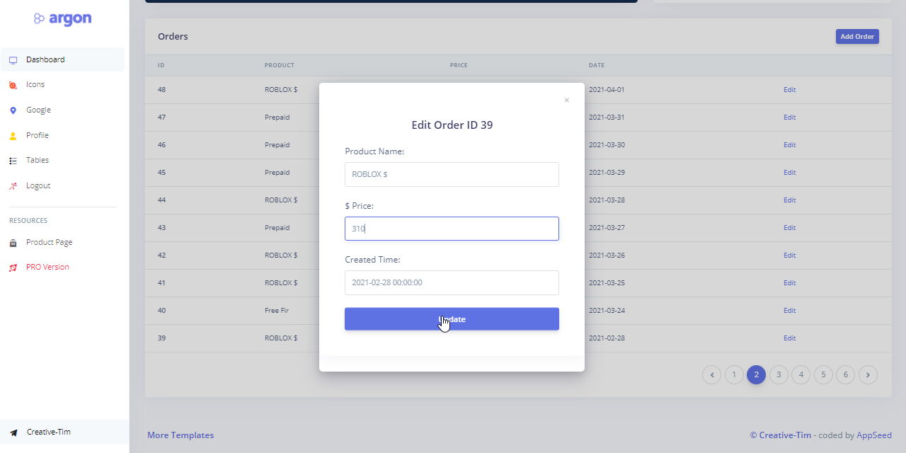 A modern page provided by an open-source Django Dashboard where users are able to edit database rows. 