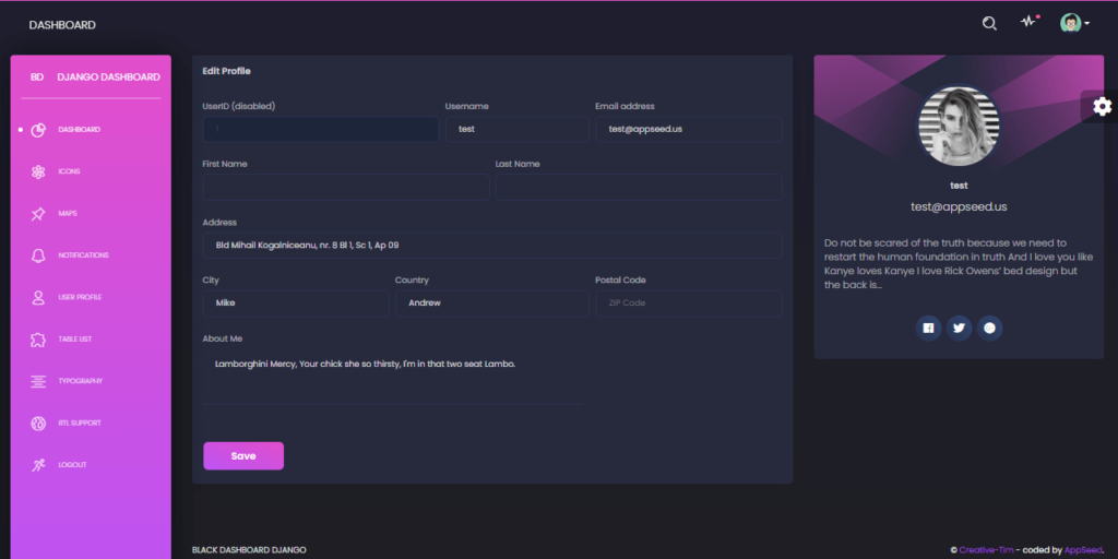 Black Dashboard Django – User Profile Page.