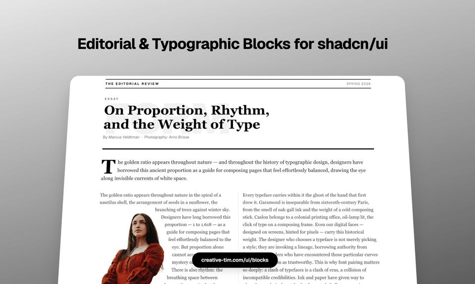 Magazine-Style shadcn/ui Blocks with Pretext: Five new open-source examples